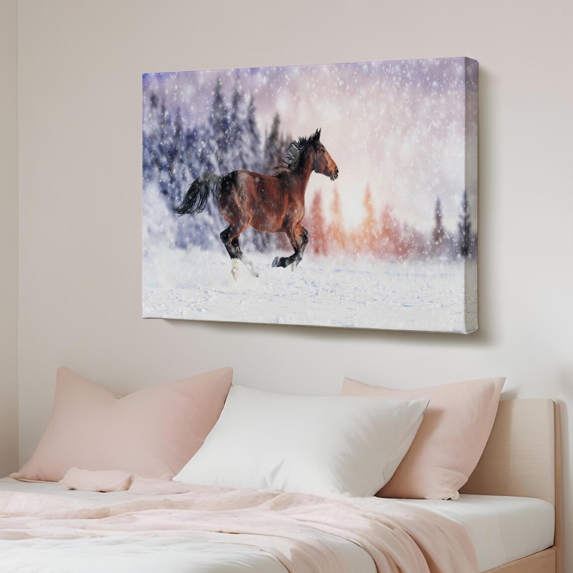 Wild Horse Galloping in Falling Snow Winter Forest Canvas Poster