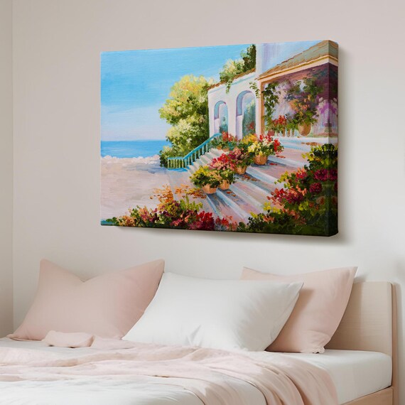 Mediterranean Villa Terrace Sea Flowers Canvas Landscape Art Poster