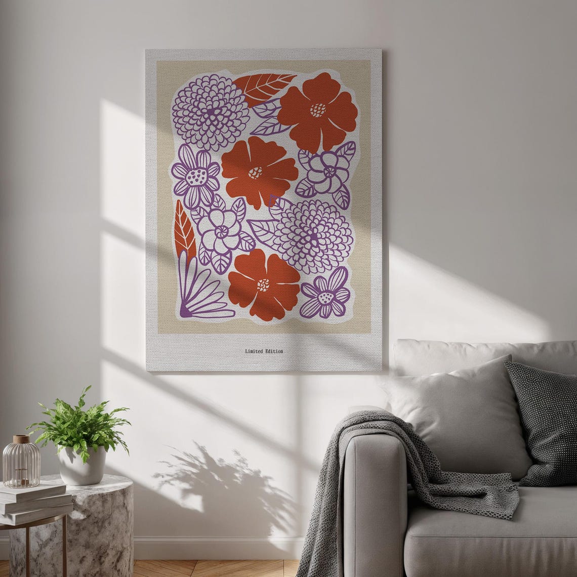 Retro Floral Line Art Rust Purple Folk Flowers Limited Edition Poster