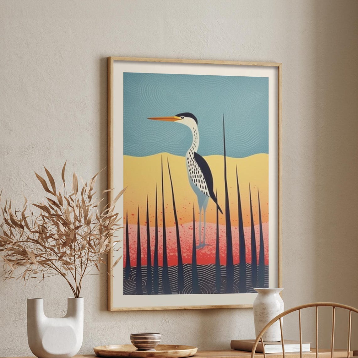 Graceful Heron Bird Sunset Marsh Modern Wildlife Charming Poster