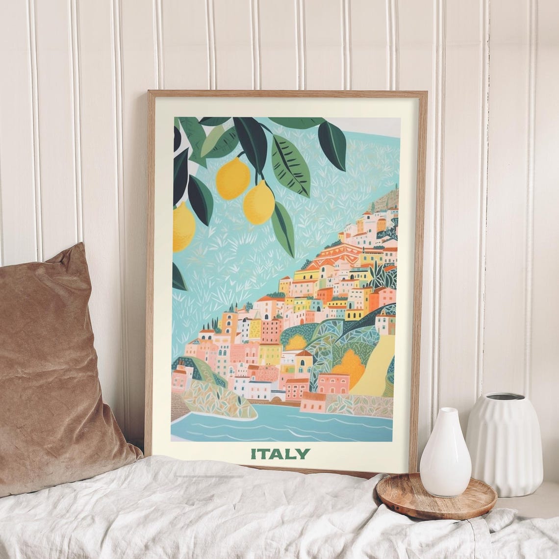 Italy Coastal Town Lemon Grove Mediterranean Hillside Travel Poster