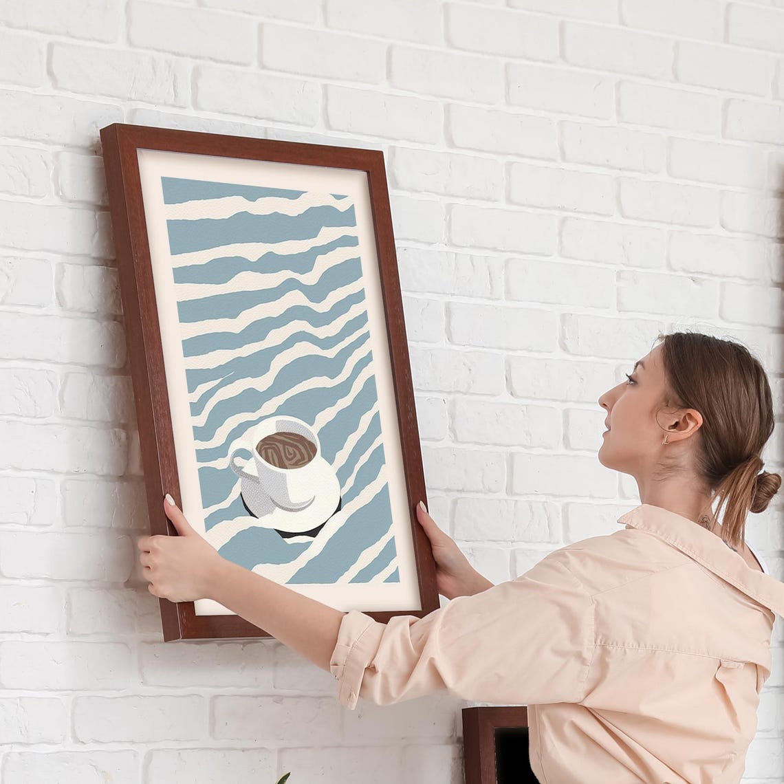 White Coffee Cup Floating on Wavy Blue Ocean Stripes Kitchen Poster