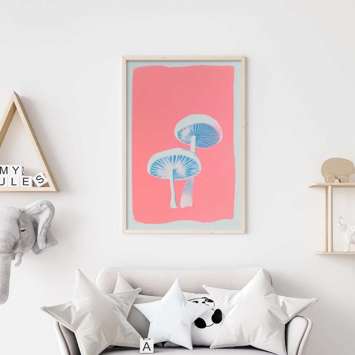 Glowing Mushroom Pair Blue Pink Modern Botanical Fungi Poster - Image 2