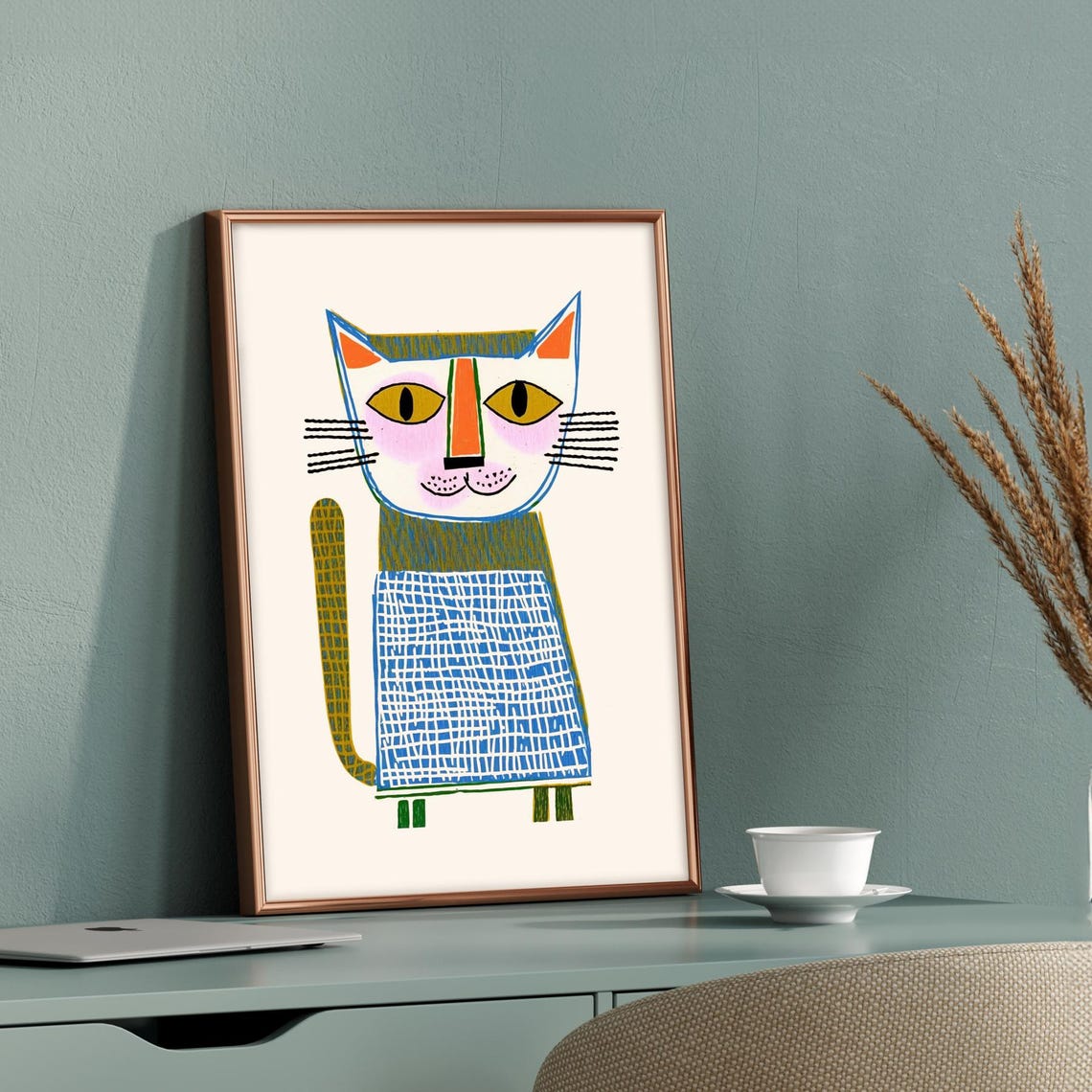 Funky Cartoon Cat Folk Art Portrait Modern Pet Decor Charming Poster - Image 2