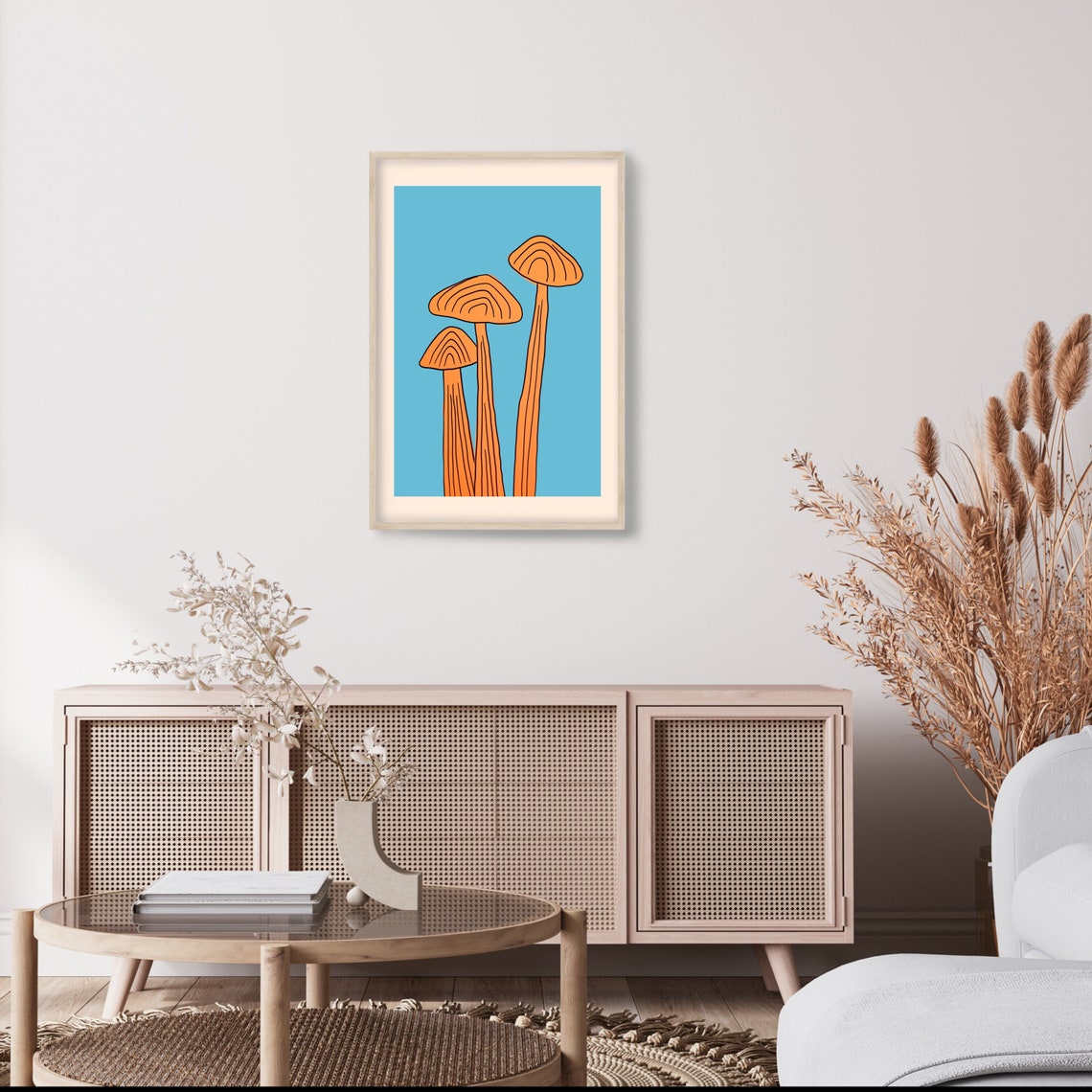 Orange Mushrooms on Blue Minimalist Fungi Illustration Poster - Image 4