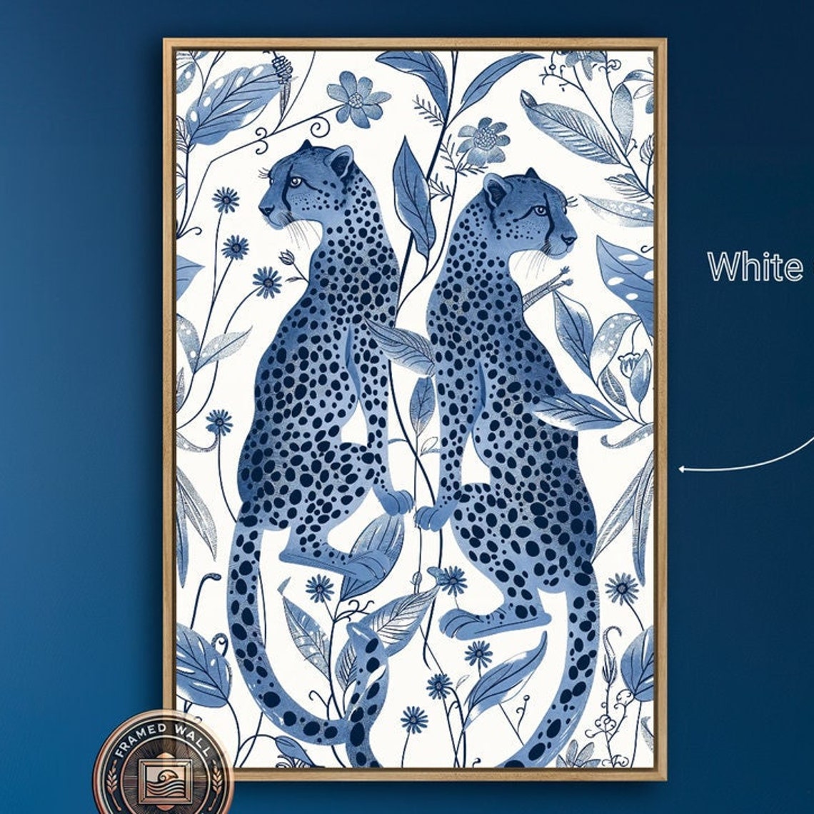 Two Blue White Cheetahs Botanical Line Drawing Animal Art Poster