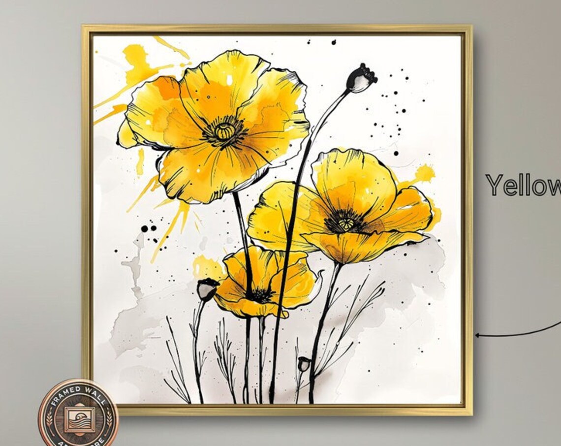 Vibrant Yellow Poppy Flowers Ink Watercolor Floral Still Life Poster