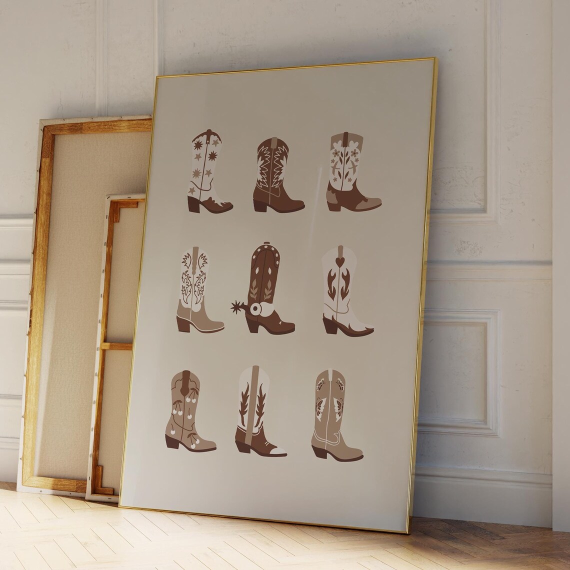 Nine Illustrated Cowgirl Boots Grid Brown Western Retro Wall Art