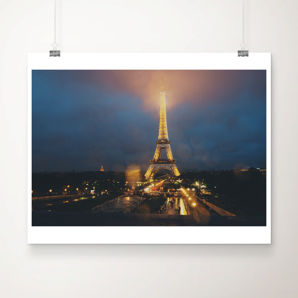 Eiffel Tower at Night in the Rain Paris Night Photography Poster