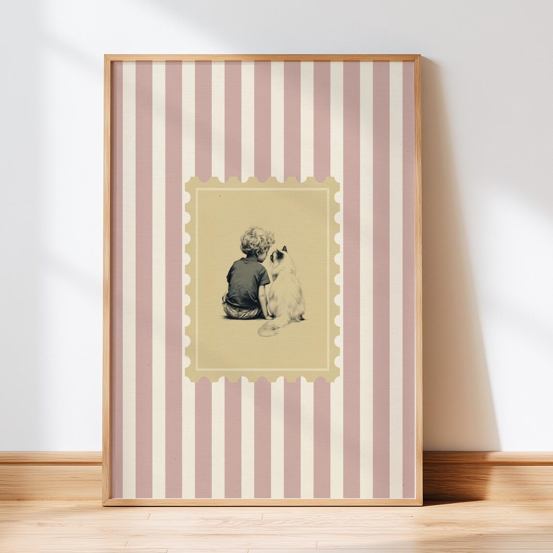 Pink Striped Nursery Print with Child and Cat Postage Stamp Art