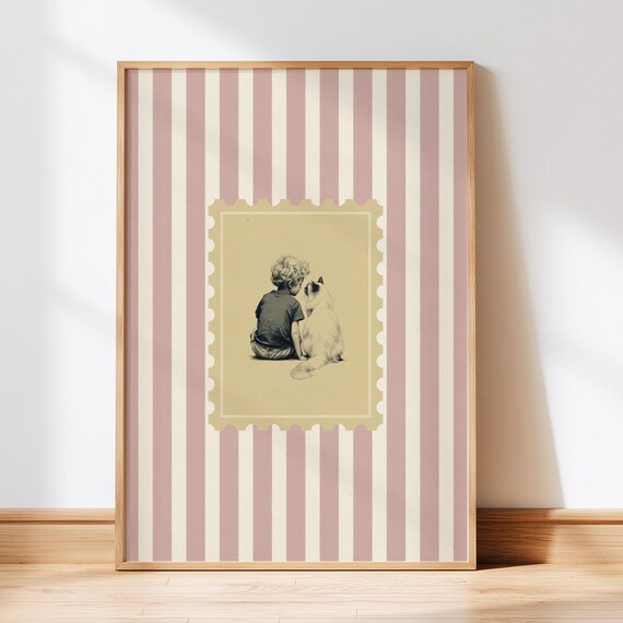 Pink Striped Nursery Print with Child and Cat Postage Stamp Art