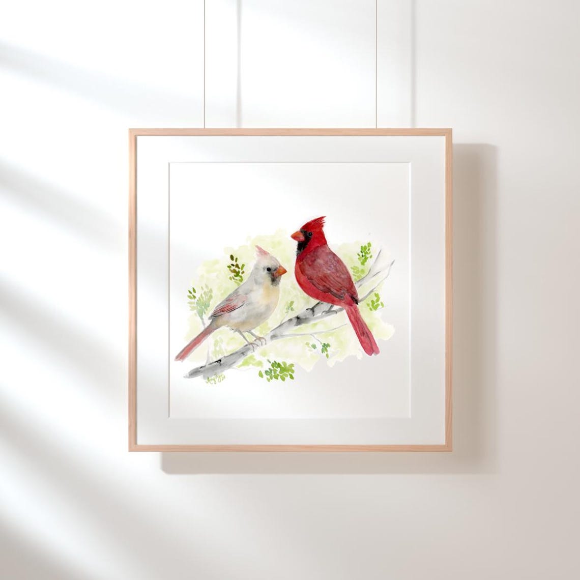 Male and Female Northern Cardinal Pair Watercolor Bird Art Poster