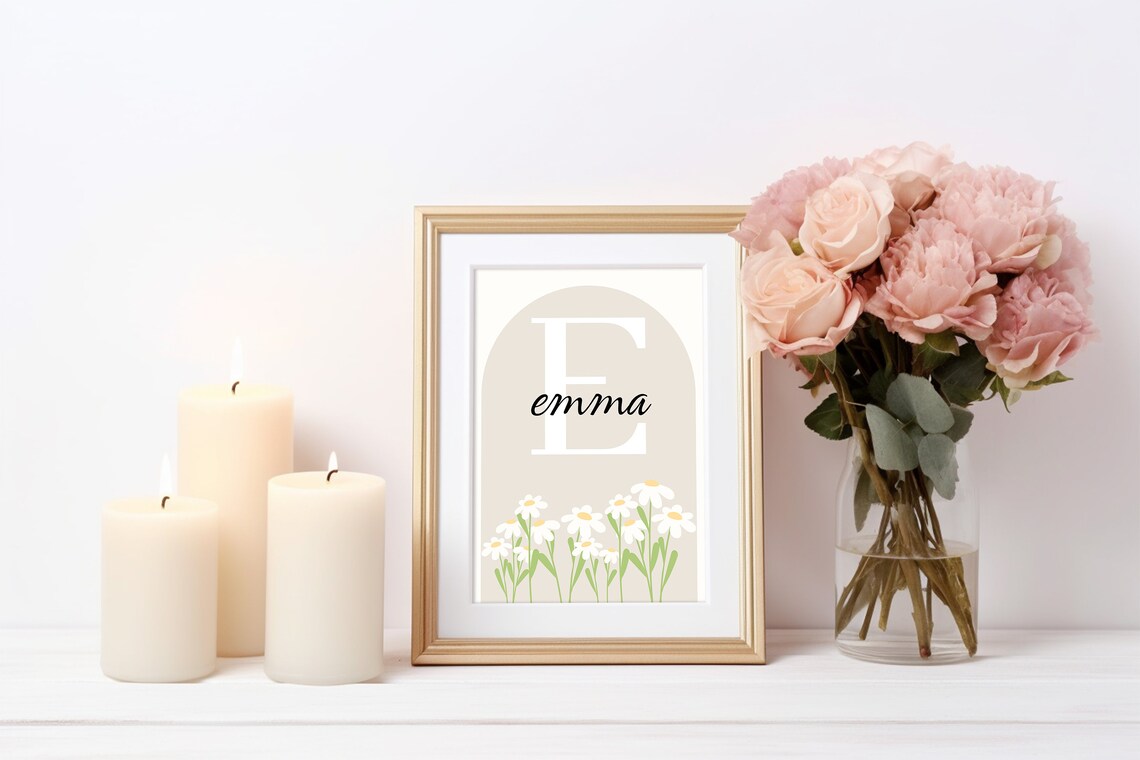 Personalized Daisy Nursery Name Poster Beige Arch Wildflower Initial Art - Image 2
