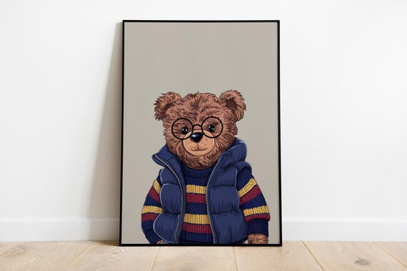 Brown Bear With Glasses Print Nursery Bear Wall Art Kids Room Print Cute Bear Woodland Nursery Decor Animal Baby Room Prints