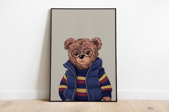 Cute Bear With Glasses Nursery Poster Navy Puffer Vest Woodland Decor Art