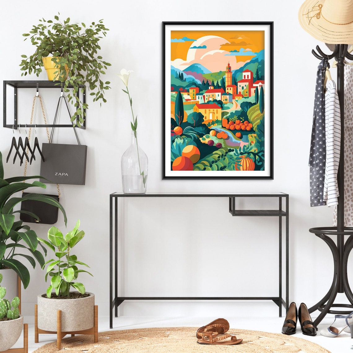 Sunny Hillside Village With Cypress Trees Colorful Illustration Poster - Image 2