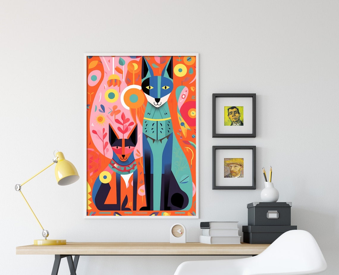 Two Colorful Folk Art Cats Floral Background Illustration Poster - Image 4