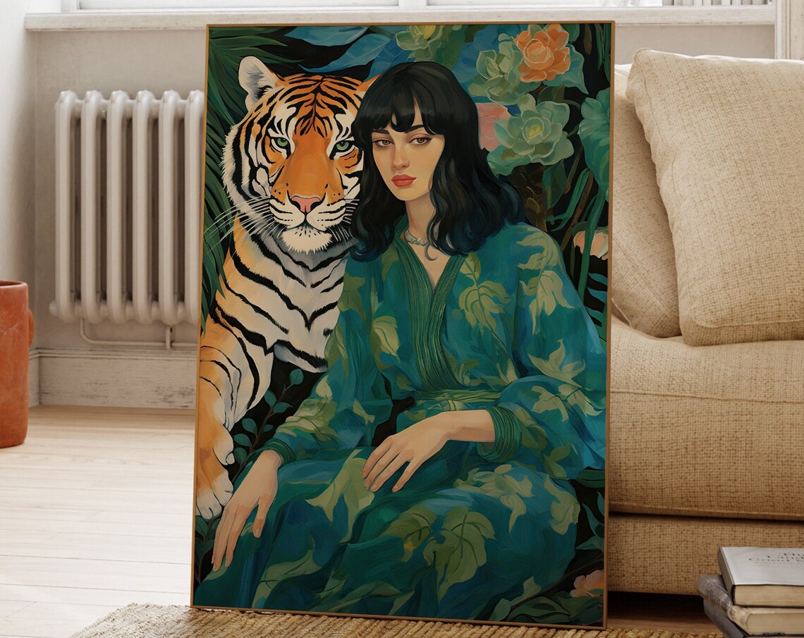 Woman and Tiger Jungle Flowers Painterly Portrait Art Poster