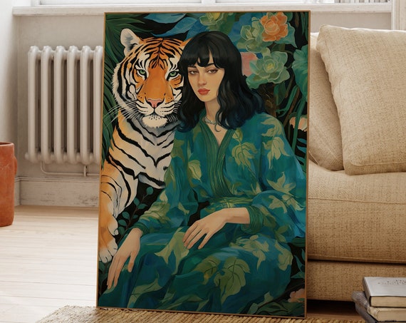 Woman And Tiger Print Jungle Poster Wildflowers Botanical Nature Wildlife Gallery Wall Art Animal Tropical