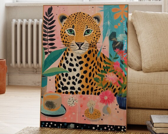 Leopard Cub Face with Teacup Folk Art Style Colorful Art Print