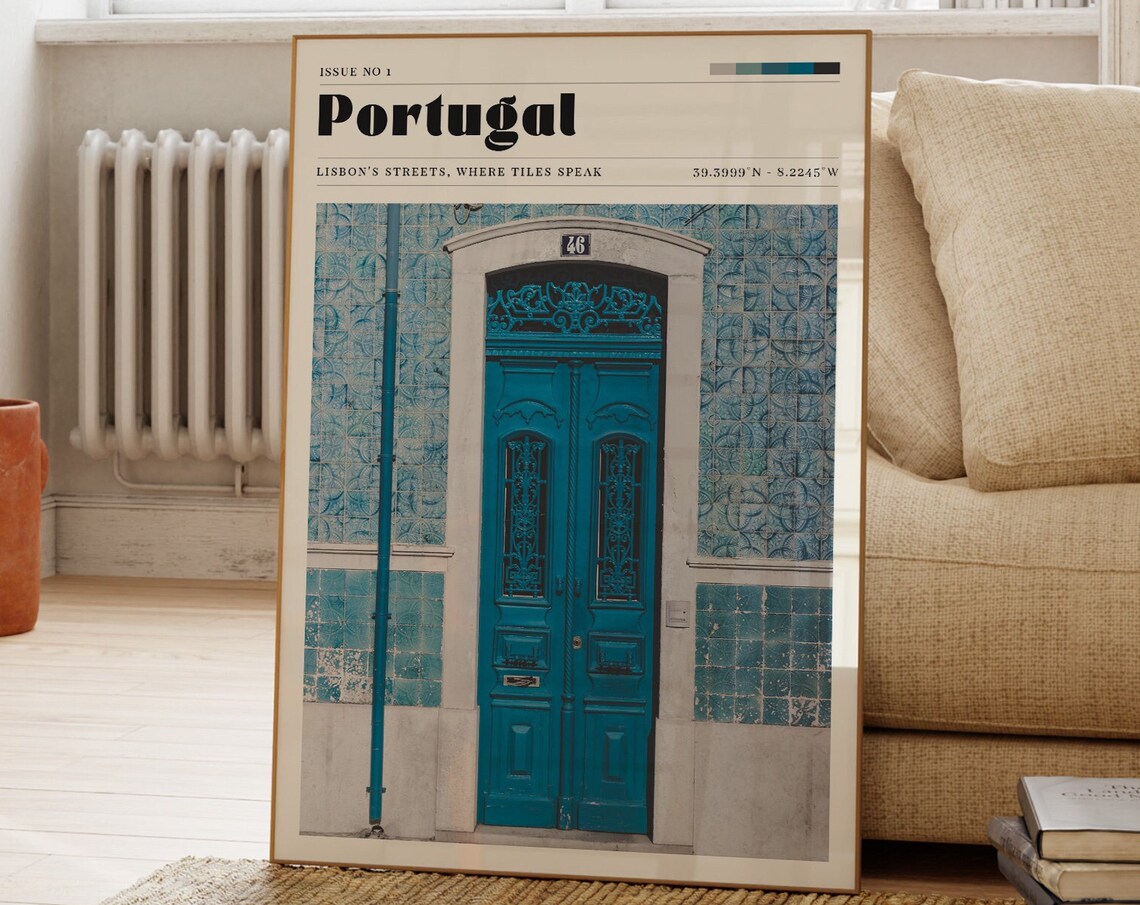 Portugal Travel Poster, Blue Tiles Door Retro Art
