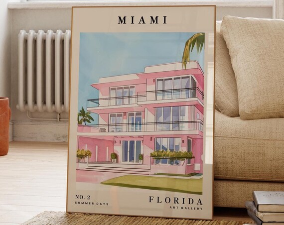 Miami Florida Pink Art Deco Building Travel Poster Retro Summer Days