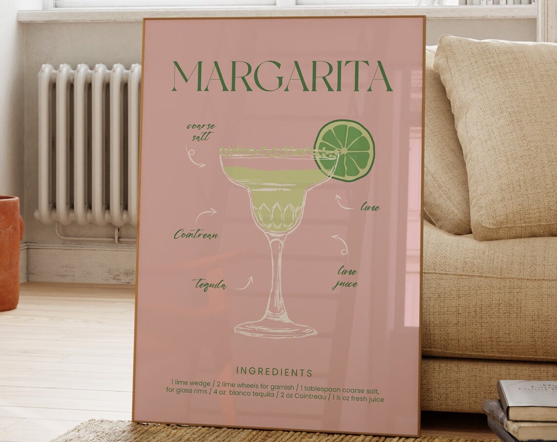 Margarita Cocktail Recipe Poster Blush Pink Bar Kitchen Decor