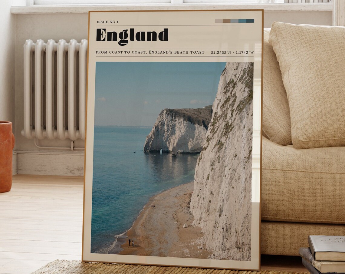 England White Cliffs Beach Photography Travel Poster With Coordinates