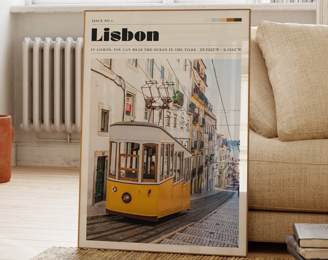 Lisbon Portugal Yellow Tram Cobblestone Street Vintage Travel Poster