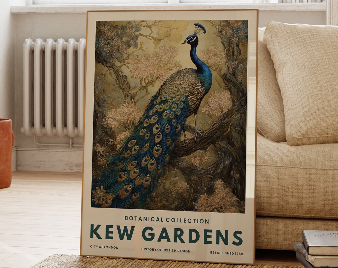 Kew Gardens Poster, Vintage Botanical Peacock Art Print
