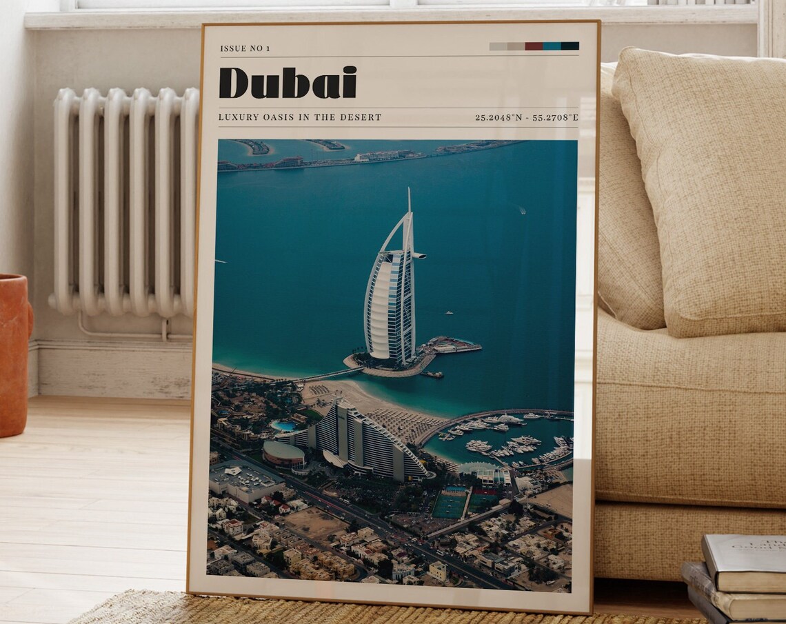Dubai Burj Al Arab Aerial Luxury Oasis Vintage Travel Magazine Poster