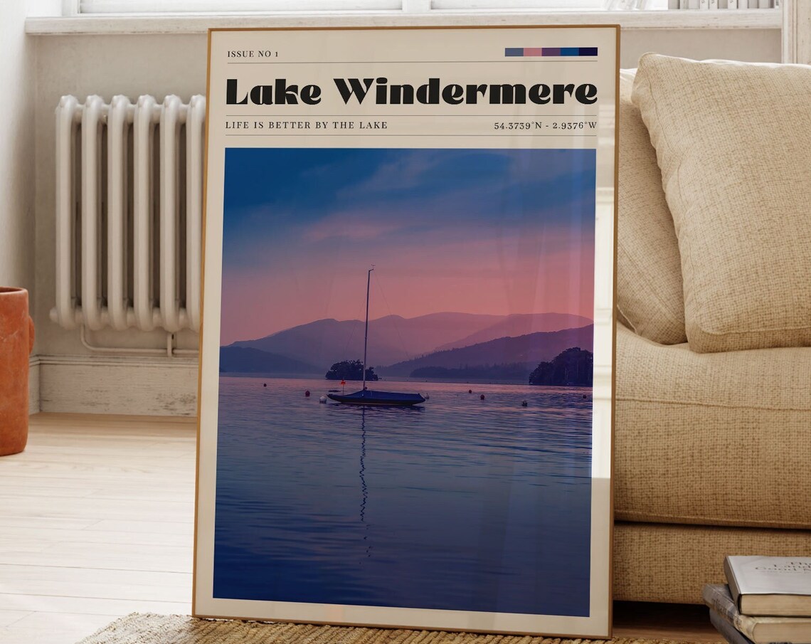 Lake Windermere England Sunset Sailboat Lake District Photo Travel Poster