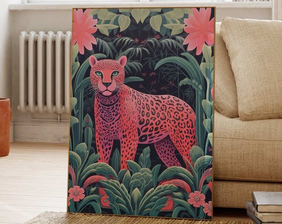 Pink Leopard Print Jungle Art Tropical Animal Posters Fun Colourful Illustration Botanical Gallery Wall Flowers
