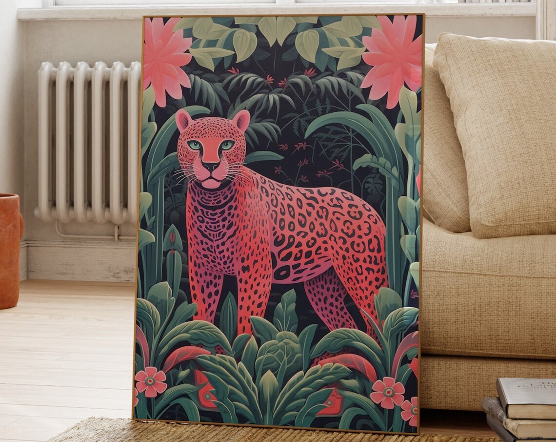 Pink Leopard in the Jungle Vibrant Tropical Wildlife Art Poster