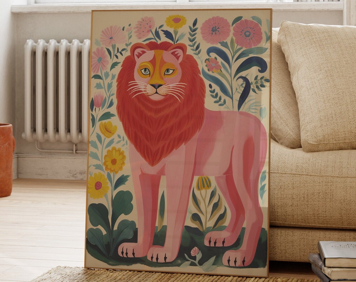 Pink Lion And Flowers Poster, Tropical Animal Art