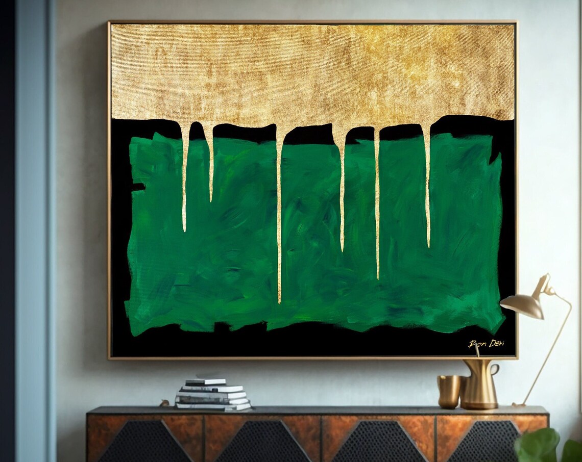 Gold Drip Over Emerald Green Abstract Painting By Ron Deri Poster