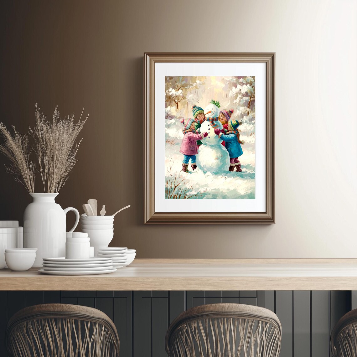 Kids Building a Snowman Vintage Winter Scene Oil Painting Poster - Image 2
