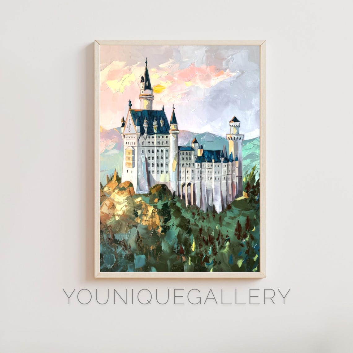 Neuschwanstein Castle Bavarian Fairytale Hillside Painting Wall Art