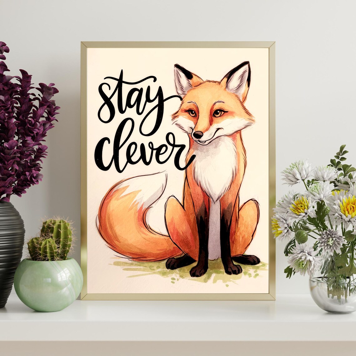 Stay Clever Smiling Fox Watercolor Cute Woodland Animal Poster - Image 4