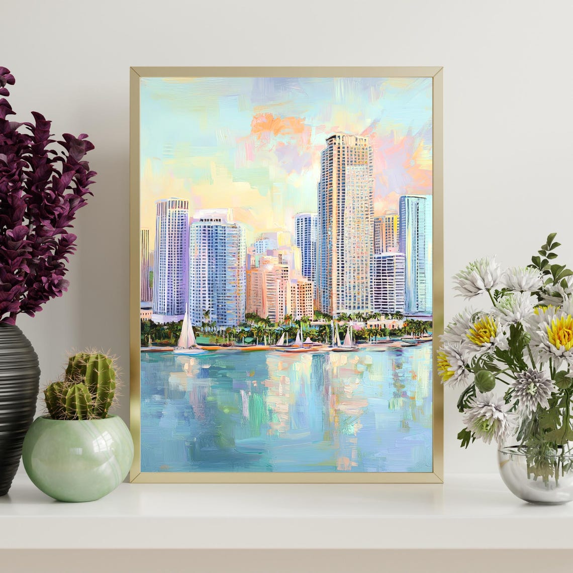Miami Florida Coastal Skyline Sailboat Bay Sunset Oil Painting Poster - Image 4