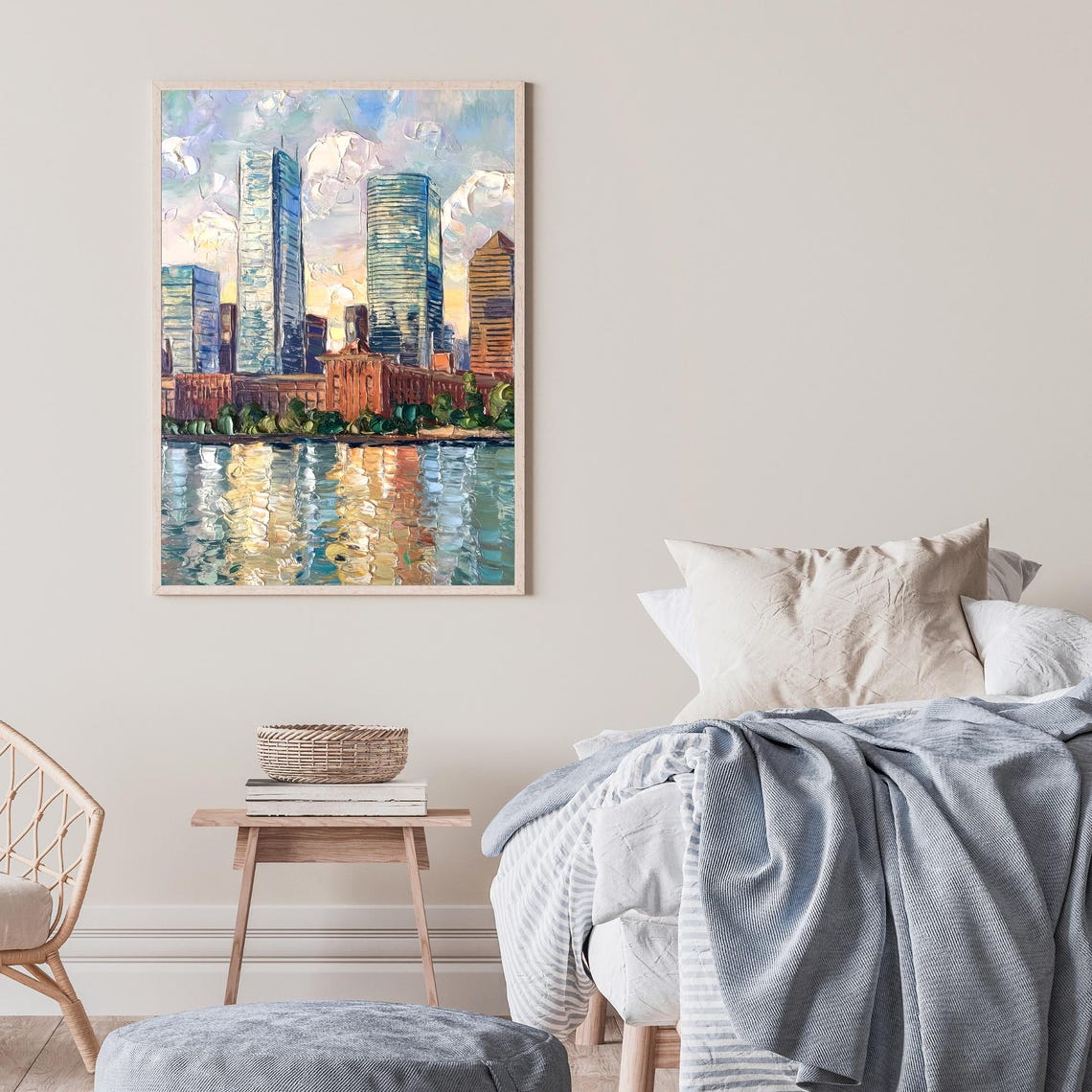 Boston Massachusetts Skyline Water Reflection Oil Painting Poster - Image 2