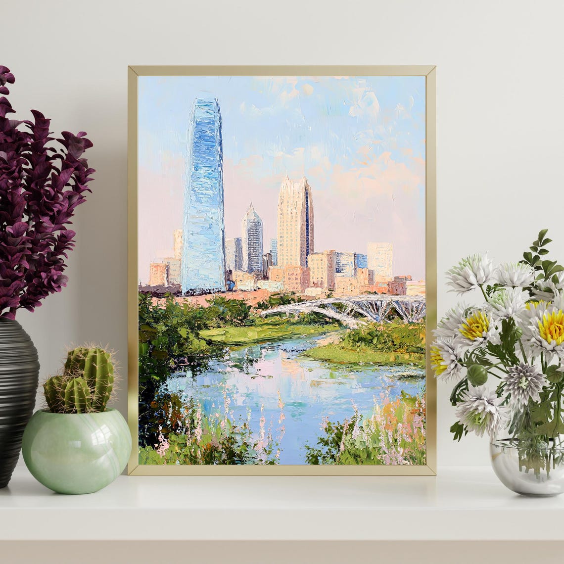 Oklahoma City Downtown Skyline Bridge River Oil Painting Poster - Image 4