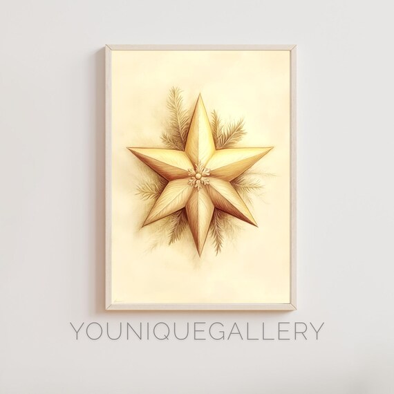 Golden Christmas Star Vintage Holiday Tree Topper Art Poster