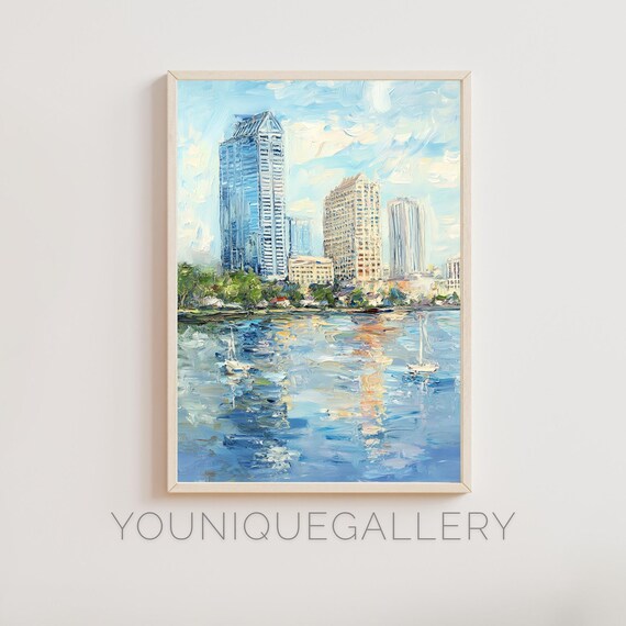 City Waterfront Skyline Sailboats Impressionist Oil Painting Print