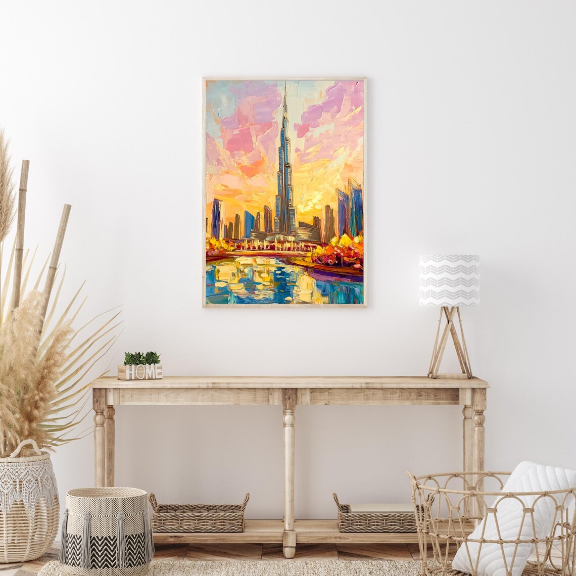 Burj Khalifa Dubai UAE Skyline Fountain Reflection Golden Sunset Painting Poster - Image 3