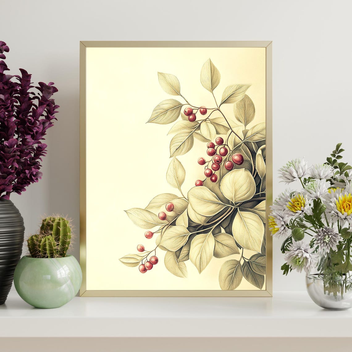 Red Berry Branch Botanical Illustration Winter Foliage Poster - Image 4