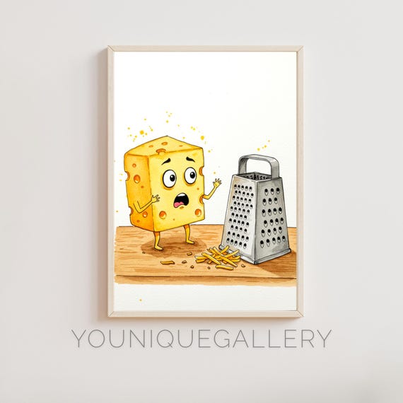 Funny Cheese Vs Grater Kitchen Wall Art Cute Food Pun Watercolor Print Kitchen Humor Decor Cheese Lover Gift