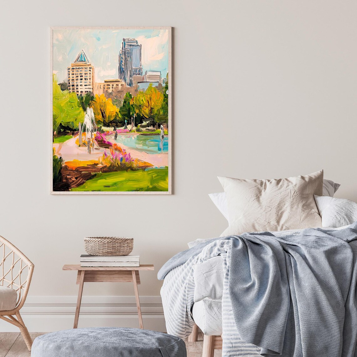 City Park Fountain Flower Gardens Skyline Impressionist Oil Wall Art - Image 2