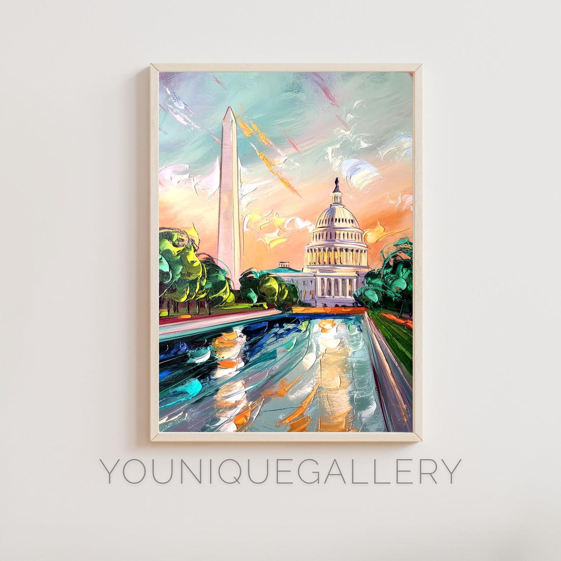 Washington DC Capitol Building Monument Sunset Oil Painting Poster