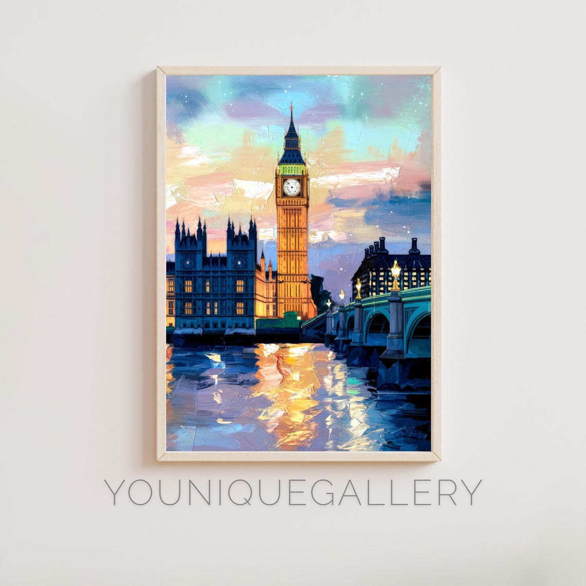 Big Ben London Elizabeth Tower Sunset Thames River Painting Poster
